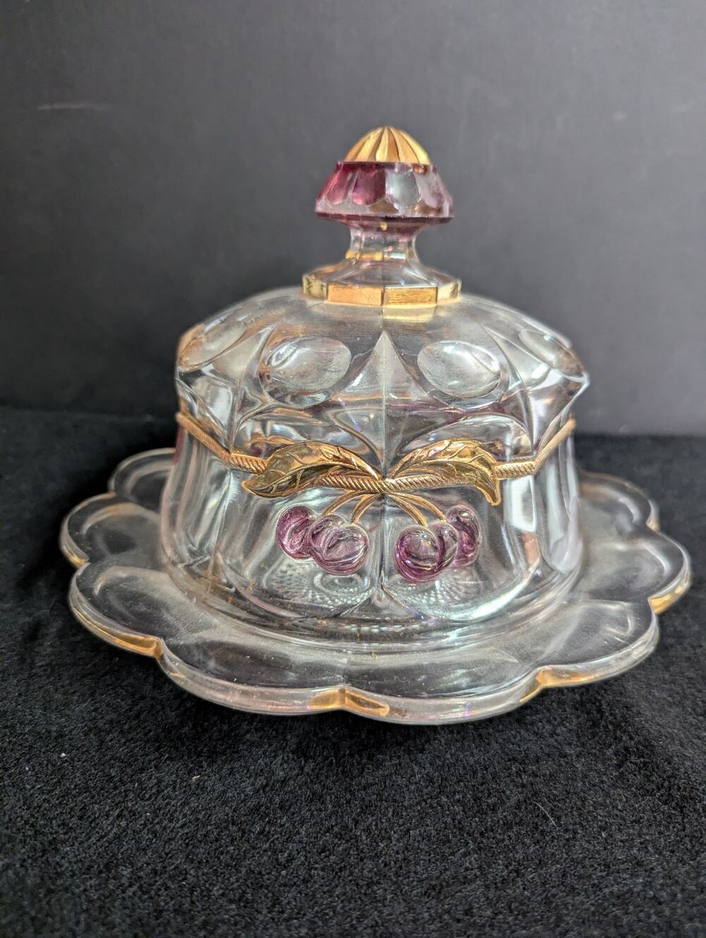 Mosser Northwood Cherry Cable Cover Glass Butter Dish gold red clear 2pc.  round